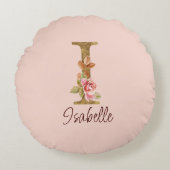 オーダーメイド 名前 レター I ゴールド フォイル ブラッシュ ピンク ローズ ラウンドクッション (正面)