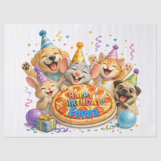 オーダーメイド 名前 誕生日 ピザ パーティー 動物たち 薄葉紙 (正面)
