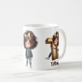 オーダーメイド 名前+T 寝ぼけ朝のチェック柄 キャラクター コーヒーマグカップ (正面右)