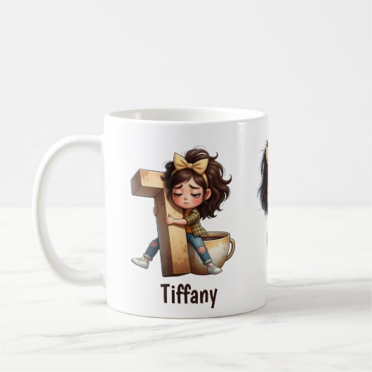 オーダーメイド 名前+T 寝ぼけ朝のチェック柄 キャラクター コーヒーマグカップ (左)