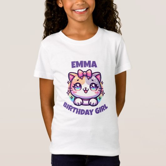 オーダーメイド 女の子 かわいい子猫 誕生日Tシャツ Tシャツ (正面)