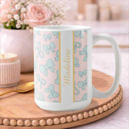 オーダーメイド 女の子 かわいい リボン 名前 青 ピンク コーヒーマグカップ