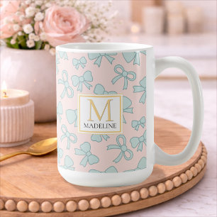 オーダーメイド 女の子 かわいい リボン 名前 青 ピンク コーヒーマグカップ
