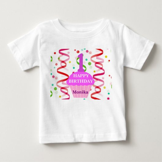 オーダーメイド 年齢 名前入り ハッピーバースデーカップケーキ ベビーTシャツ (正面)