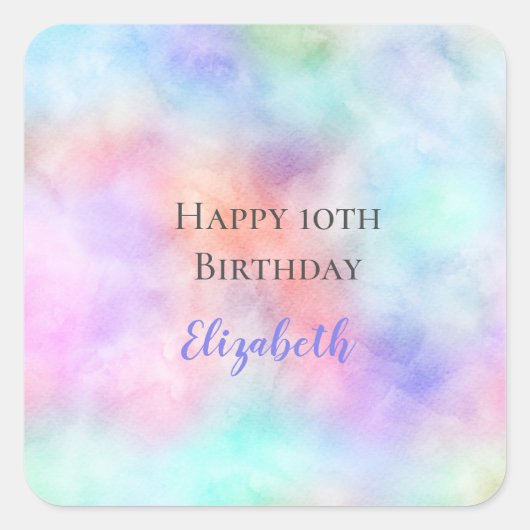 オーダーメイド 水彩画のような虹の淡い色合いの誕生日 スクエアシール (正面)
