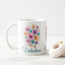 オーダーメイド 水彩画風フラワーブーケ 名前入り コーヒーグッズ コーヒーマグカップ
