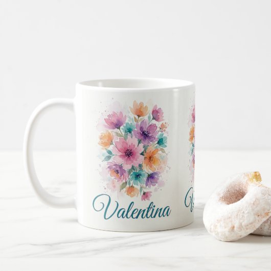オーダーメイド 水彩画風フラワーブーケ 名前入り コーヒーグッズ コーヒーマグカップ (ドーナツ)