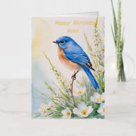 オーダーメイド 水彩画 誕生日 青い鳥 花 箔グリーティングカード
