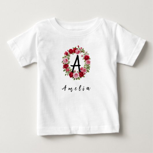 オーダーメイド 水彩花 モノグラム＆名前 赤ちゃん ベビーTシャツ (正面)