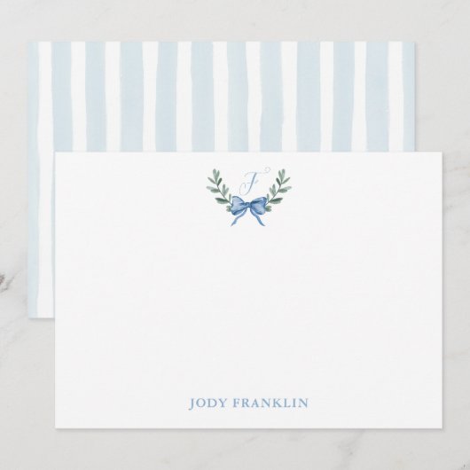 オーダーメイド 水彩 ブルー リボン 赤ちゃん 男の子 ステーショナリー サンキューカード (正面/裏面)