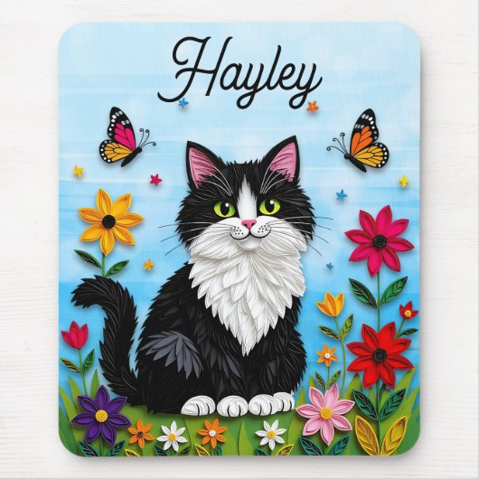 オーダーメイド 猫、花、蝶々 マウスパッド (正面)