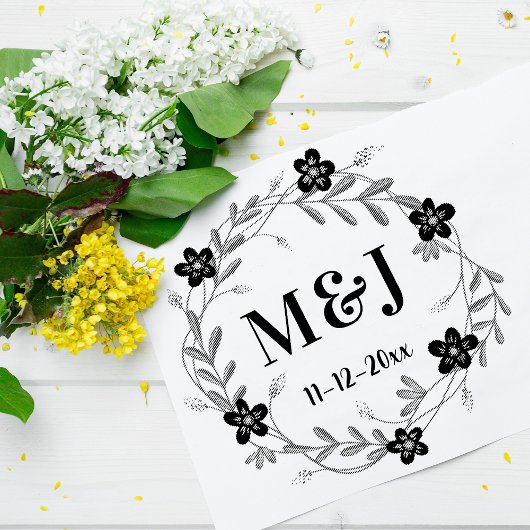 オーダーメイド 結婚式の花のモノグラムと日付 ラバースタンプ