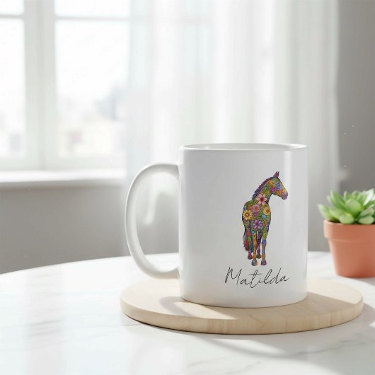 オーダーメイド 花柄 馬 シルエット コーヒーマグカップ