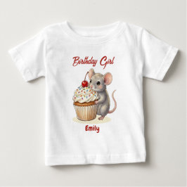 オーダーメイド 誕生日 ガール | かわいいネズミとカップケーキ ベビーTシャツ