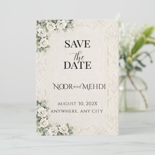 オーダーメイド 象牙色の花のイスラム結婚式 セーブザデート (スタンド正面)