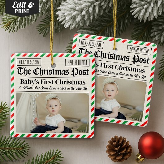 オーダーメイド 赤ちゃんの初めてのクリスマス新聞 セラミックオーナメント