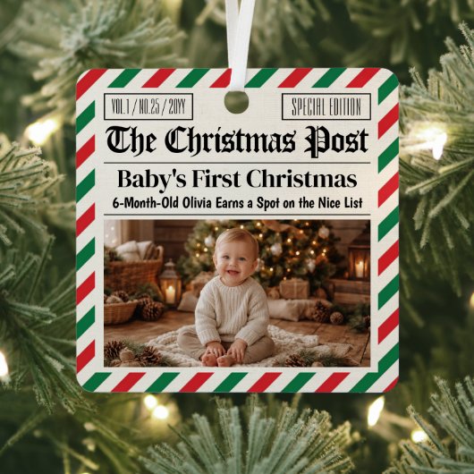 オーダーメイド 赤ちゃんの初めてのクリスマス新聞 メタルオーナメント (インサイチュ)