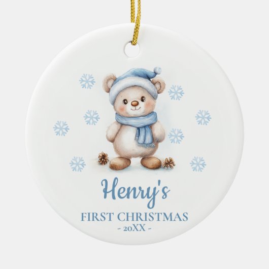 オーダーメイド 赤ちゃんの初めてのクリスマス ベア キューブ セラミックオーナメント (正面)