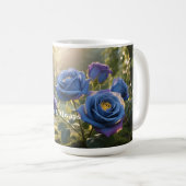 オーダーメイド 青いバラの花の名入れフラワー コーヒーマグカップ (正面右)