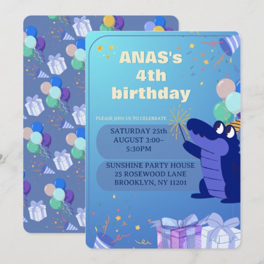 オーダーメイド 青い恐竜の4歳の誕生日招待状 招待状 (正面/裏面)