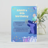 オーダーメイド 青い恐竜の4歳の誕生日招待状 招待状 (スタンド正面)