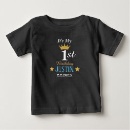 オーダーメイド 高級感あふれる1歳の誕生日ゴールドクラウン ブラック ベビーTシャツ