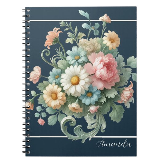 オーダーメイド 高級感のある植物画風の花の水彩画 ノートブック (正面)