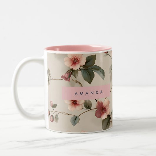 オーダーメイド 高級感のある ピンクの花のつるスタイル ツートーンマグカップ (左)