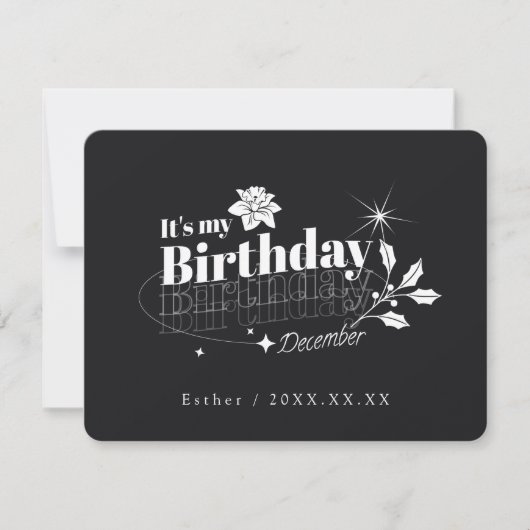 オーダーメイド 黒の引用 フローラル 12月 誕生日 招待状 (正面)