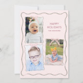 オーダーメイド 3 枚の写真を飾る コラージュ ピンクの蝶結び ウェーブ フレーム シーズンカード (正面)