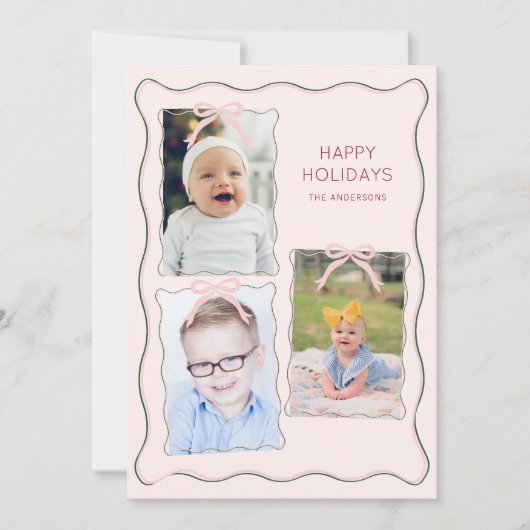 オーダーメイド 3 枚の写真を飾る コラージュ ピンクの蝶結び ウェーブ フレーム シーズンカード (正面)