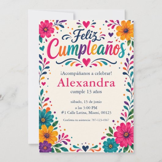 オーダーメイド Feliz Cumpleaños スペイン風フラワーフィエスタ 招待状 (正面)