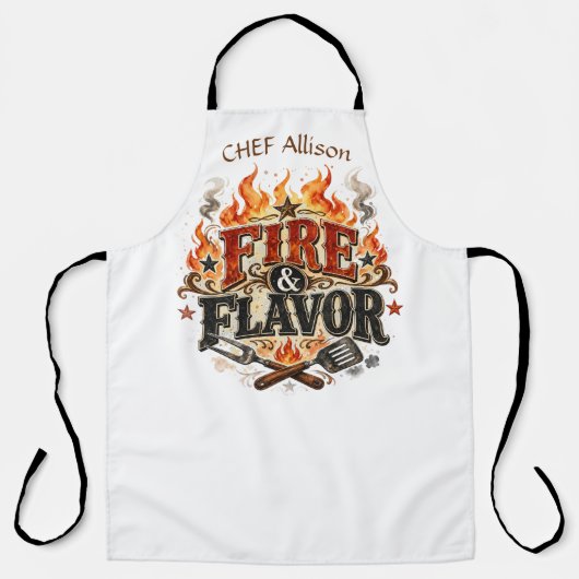 オーダーメイド Fire & Flavor BBQ エプロン | 名前入り (正面)