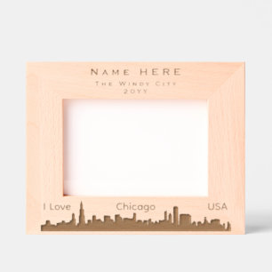 オーダーメイド I Love Chicago USA とシカゴの街のスカイライン レーザー彫刻フレーム