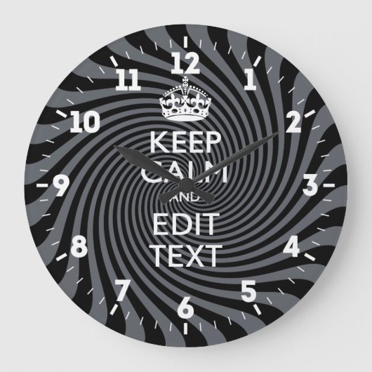 オーダーメイド Keep Calm 黒色の渦巻き ラージ壁時計 (正面)