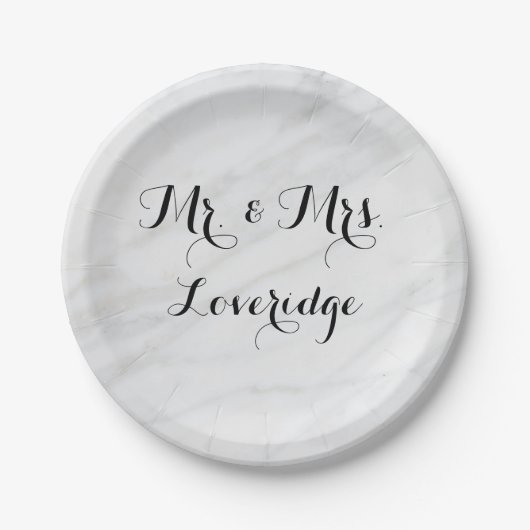 オーダーメイド Mr. & Mrs. ホワイト グレー 大理石 ペーパープレート (正面)
