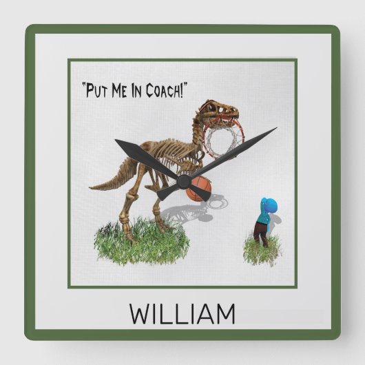 オーダーメイド "Put Me in Coach" 恐竜アート スクエア スクエア壁時計 (正面)