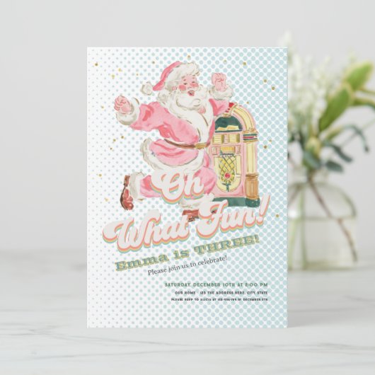 オーッおもしろいブルーレトロサンタをテーマにした少女誕生日 招待状 (スタンド正面)