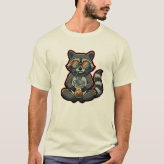 オーツーTシャツ かっこいいアライグマのオーツミルクアイスコーヒー Tシャツ