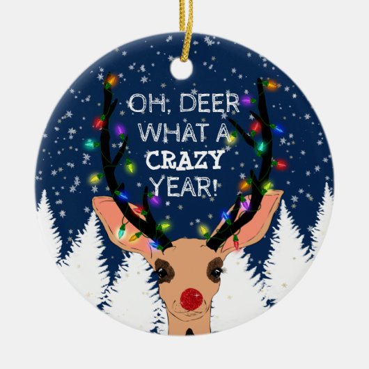 オーディアイヤー熱狂するトナカイがクリスマススノーウィーを点灯 セラミックオーナメント (正面)