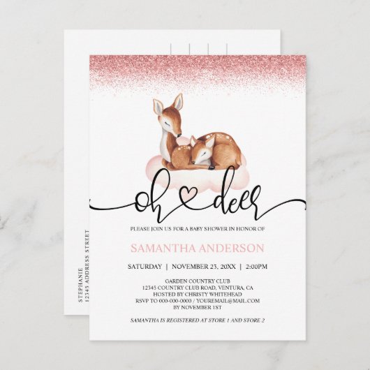 オーディアウォーターカラーバラ金ゴールドグリッターベビーシャワー ポストカード (正面/裏面)