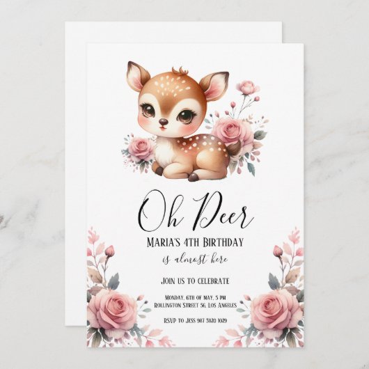 オーディアウォーター色赤面ピンクのバラ誕生日パーティー 招待状 (正面/裏面)