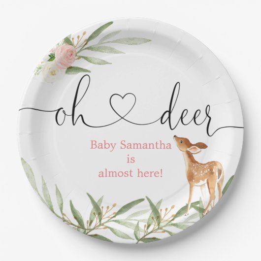 オーディアピンク金ゴールドの緑の鹿の赤ちゃんシャワー ペーパープレート (正面)