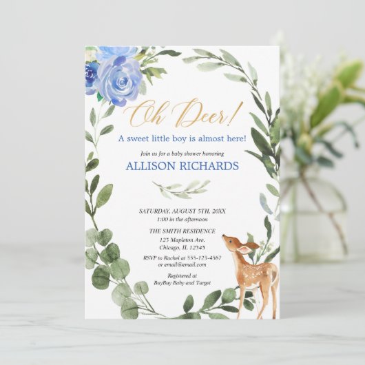 オーディアブルー金ゴールドユーカリ少年の赤ちゃんシャワー 招待状 (スタンド正面)