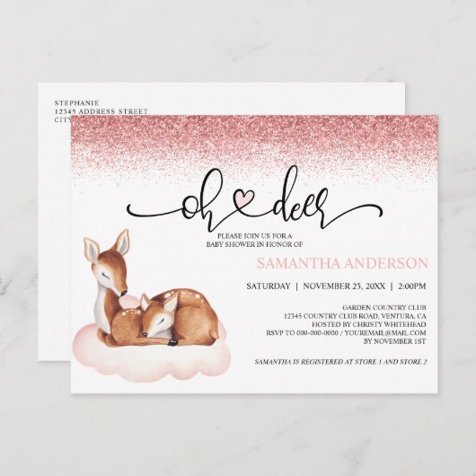 オーディアベイビーシャワーウォーターカラーピンクグリッター招待状 ポストカード (正面/裏面)