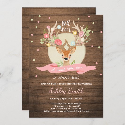 オーディアベビーシャワー招待状ウッドランドアントラーウッド 招待状 (正面/裏面)