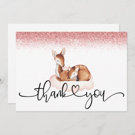 オーディアベビーシャワー水色バラ金ゴールドグリッター サンキューカード (正面/裏面)