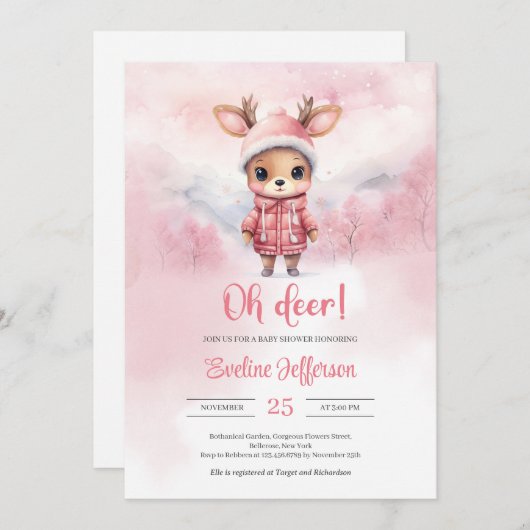 オーディアリトルピンクの鹿の冬の女の子ベビーシャワー 招待状 (正面/裏面)