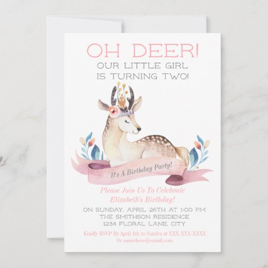 オーディア小さな女の子セカンドバースデーパーティーピンク 招待状 (正面)