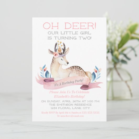 オーディア小さな女の子セカンドバースデーパーティーピンク 招待状 (スタンド正面)